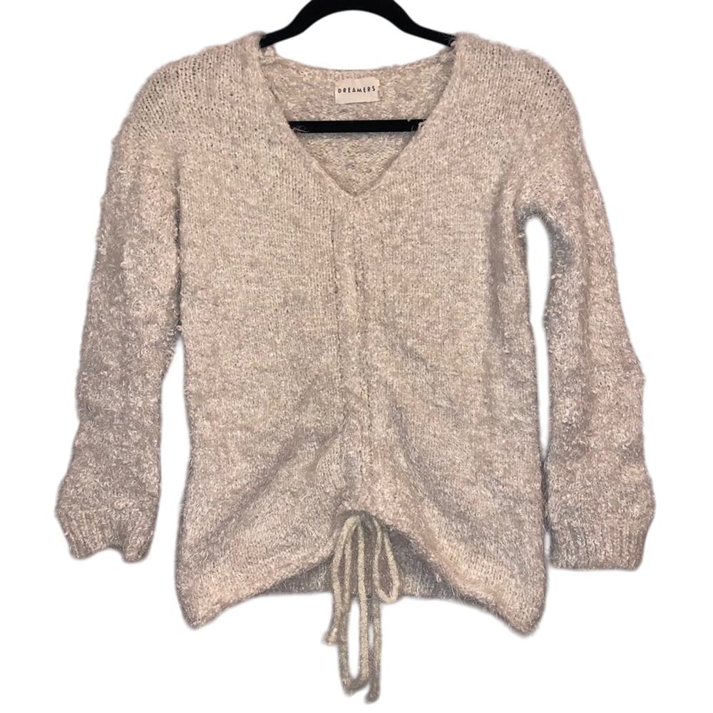 Dreamers‎ Fuzzy Knit Sweater Tie Front Beige Cozy Soft Women S/M